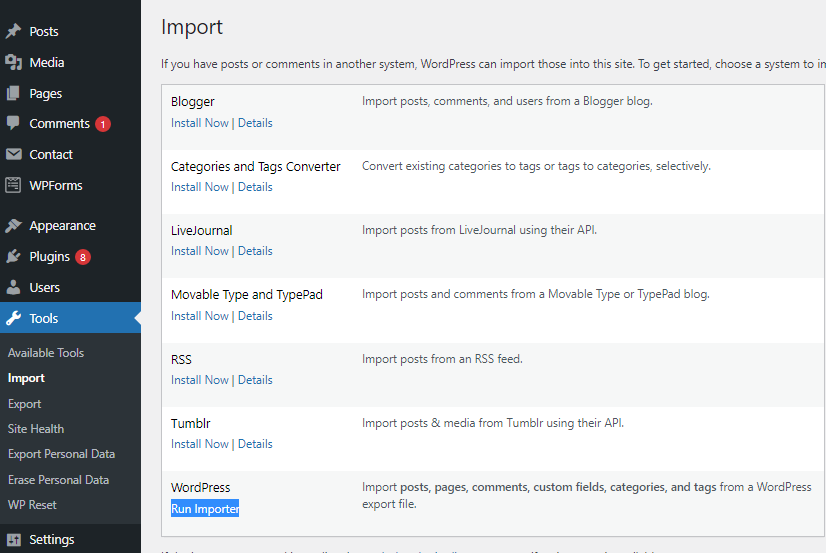 import tools wordpress