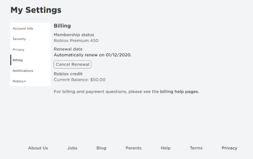Roblox billing information