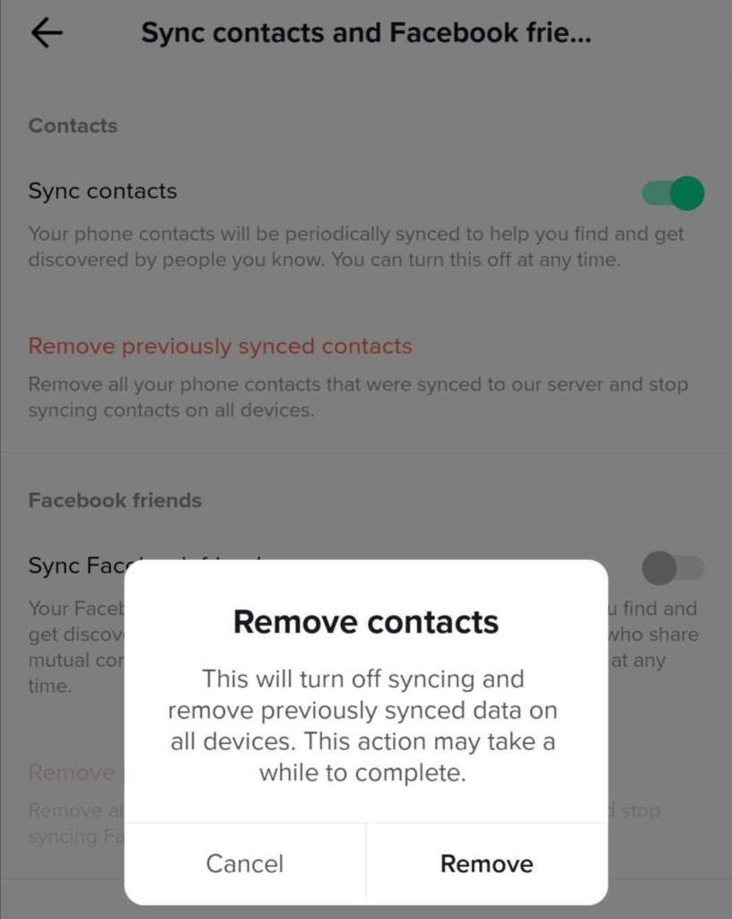 Removing previously synced contacts from TikTok