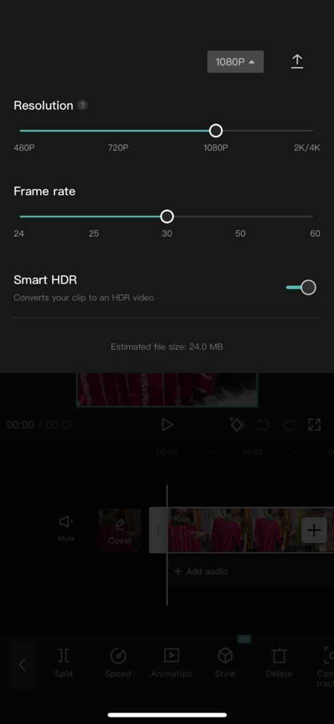 Turning off Smart HDR on Capcut