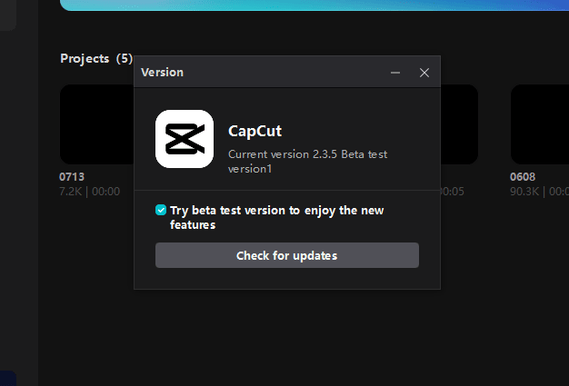 Updating CapCut app on PC